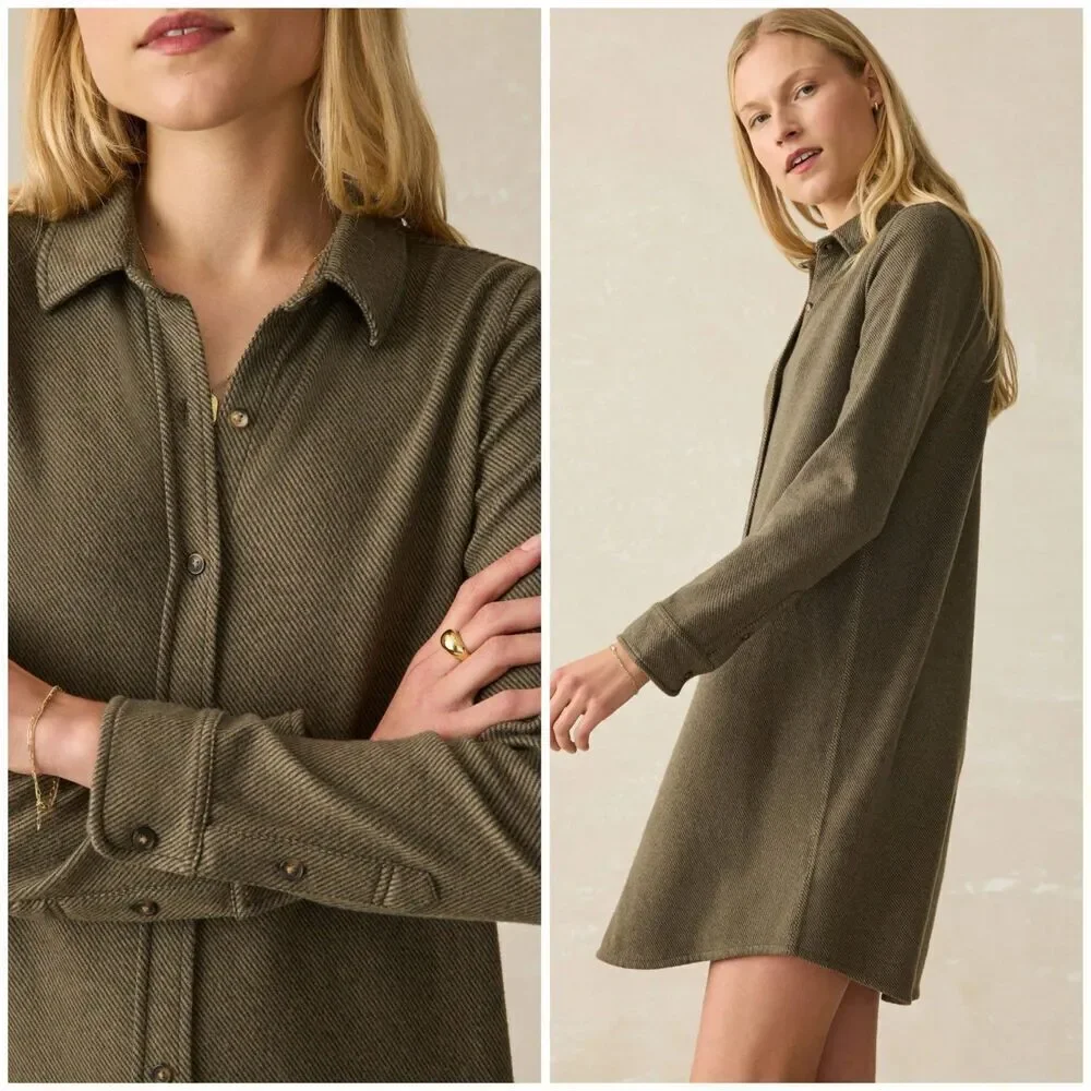 Faherty Legend Sweater Dress Olive Green Melange Twill Long Sleeve Soft Size XS